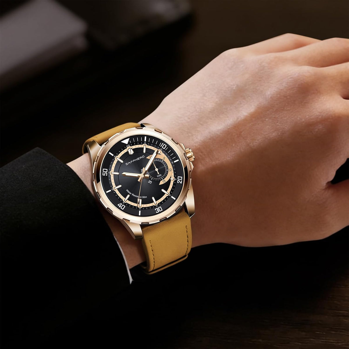SAPPHERO Reloj para hombre con subesfera de fecha/esfera de números arábigos, cuarzo analógico, correa de acero inoxidable/piel, 164 ft impermeable, reloj de pulsera de vestir casual para trabajo de