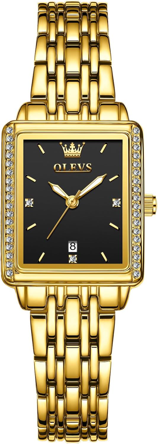 OLEVS Reloj de mujer de oro de acero inoxidable, reloj de cara cuadrada pequeña con decoración de diamantes, reloj de vestir de cuarzo analógico de lujo para mujer, reloj de pulsera impermeable con