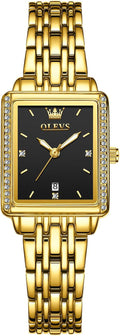 OLEVS Reloj de mujer de oro de acero inoxidable, reloj de cara cuadrada pequeña con decoración de diamantes, reloj de vestir de cuarzo analógico de lujo para mujer, reloj de pulsera impermeable con