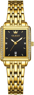 OLEVS Reloj de mujer de oro de acero inoxidable, reloj de cara cuadrada pequeña con decoración de diamantes, reloj de vestir de cuarzo analógico de lujo para mujer, reloj de pulsera impermeable con