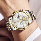 OLEVS Relojes de Oro para Hombres Reloj de Pulsera de Lujo a Prueba de Agua Gran Cara Elegante Acero Inoxidable Analógico Cuarzo Fecha Cronógrafo Luminoso Lectura Fácil Relojes de Negocios Regalos para Hombres Graduación