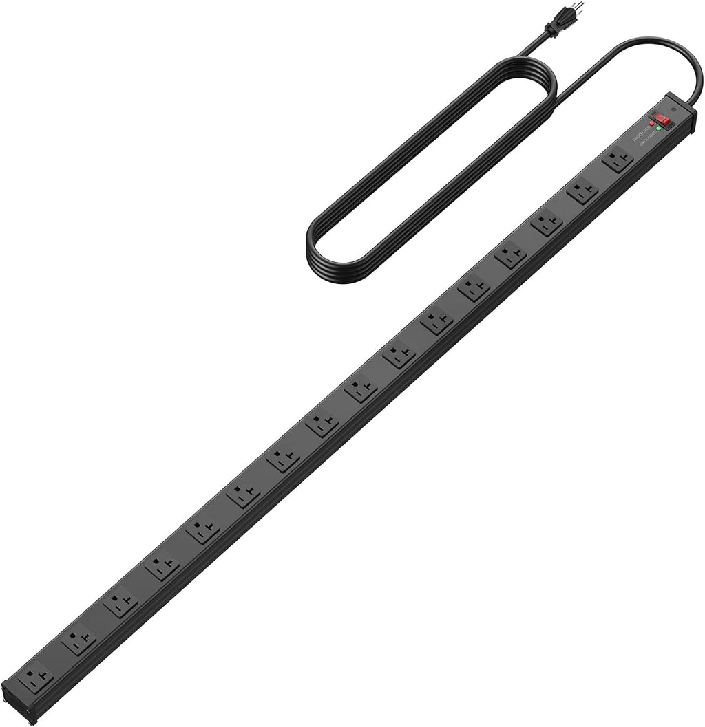 Regleta de alimentación larga de 16 tomas, protección contra sobretensiones 4800J, amplio espaciado, calibre 12, protector de sobretensiones industrial con interruptor de 20 amperios, cable de extensión de alto amplificador 6-20R, ranura en T, 6 pies
