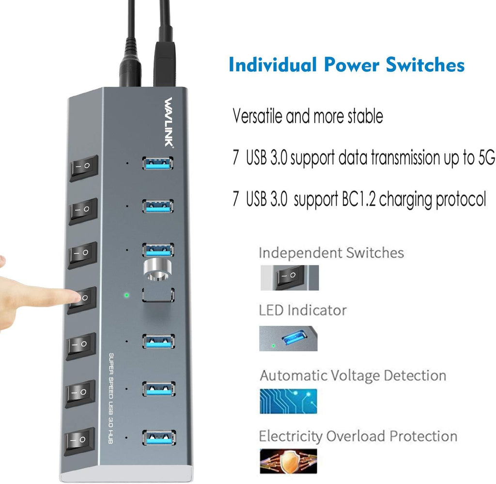 WAVLINK, UH3076-1, hub USB 3.0 de 7 puertos, alimentado, adaptador 5V/2.4A