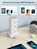 Torre de tira de alimentación con múltiples tomas, protector de sobretensión de enchufe plano, cable de extensión con 12 salidas de CA, 4 puertos USB (2 USB C), cable de 6 pies, protector contra
