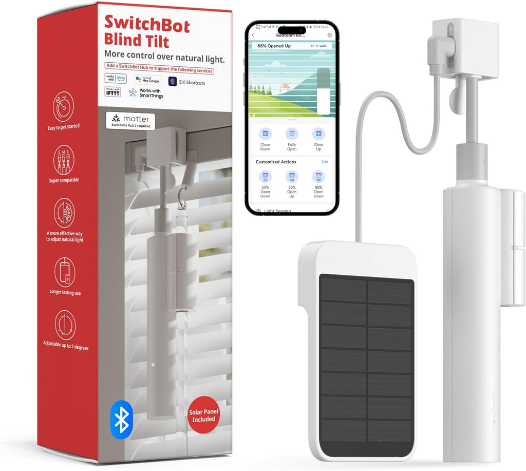 SwitchBot Persianas motorizadas de inclinación ciega: persianas eléctricas inteligentes, abridor y cierre automático, alimentado por energía solar, control de detección de luz