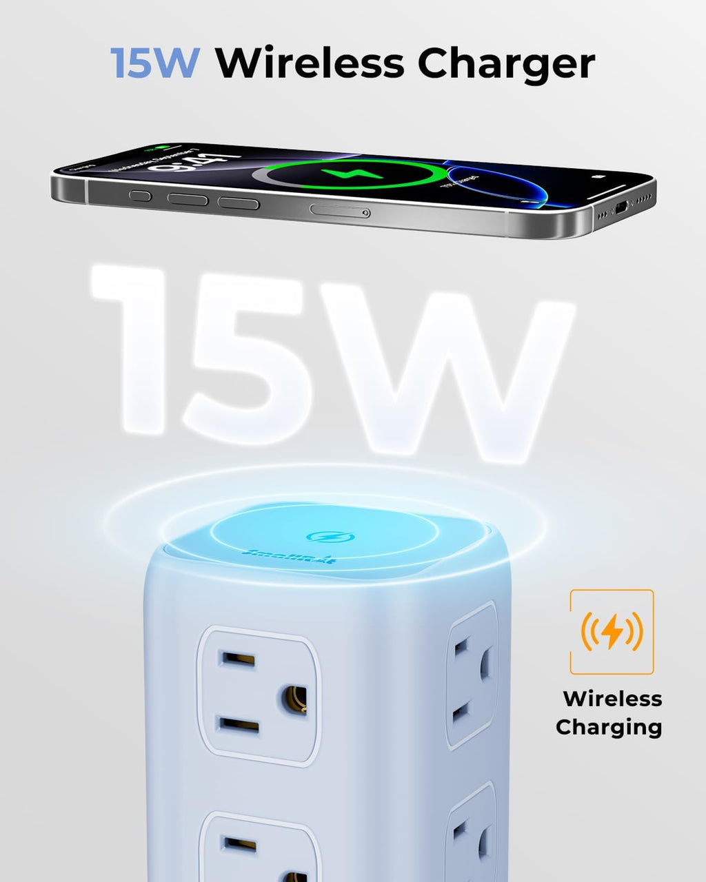 Regleta azul con 12 tomacorrientes, 4 USB (1 USB C), cable de extensión de 6.5 pies con múltiples tomas, estación de carga, torre de regleta de alimentación, suministros de escritorio de oficina en