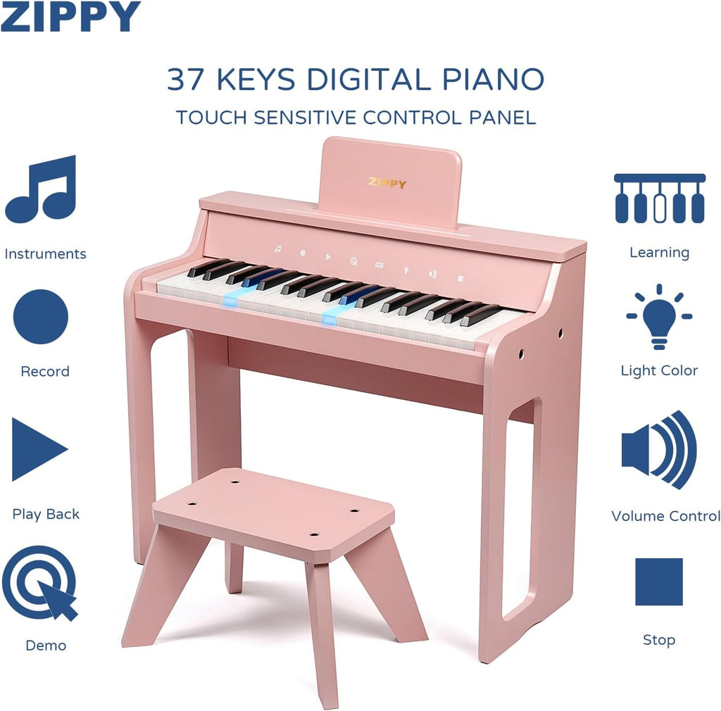 ZIPPY Piano infantil iluminado de 37 teclas con panel de control táctil