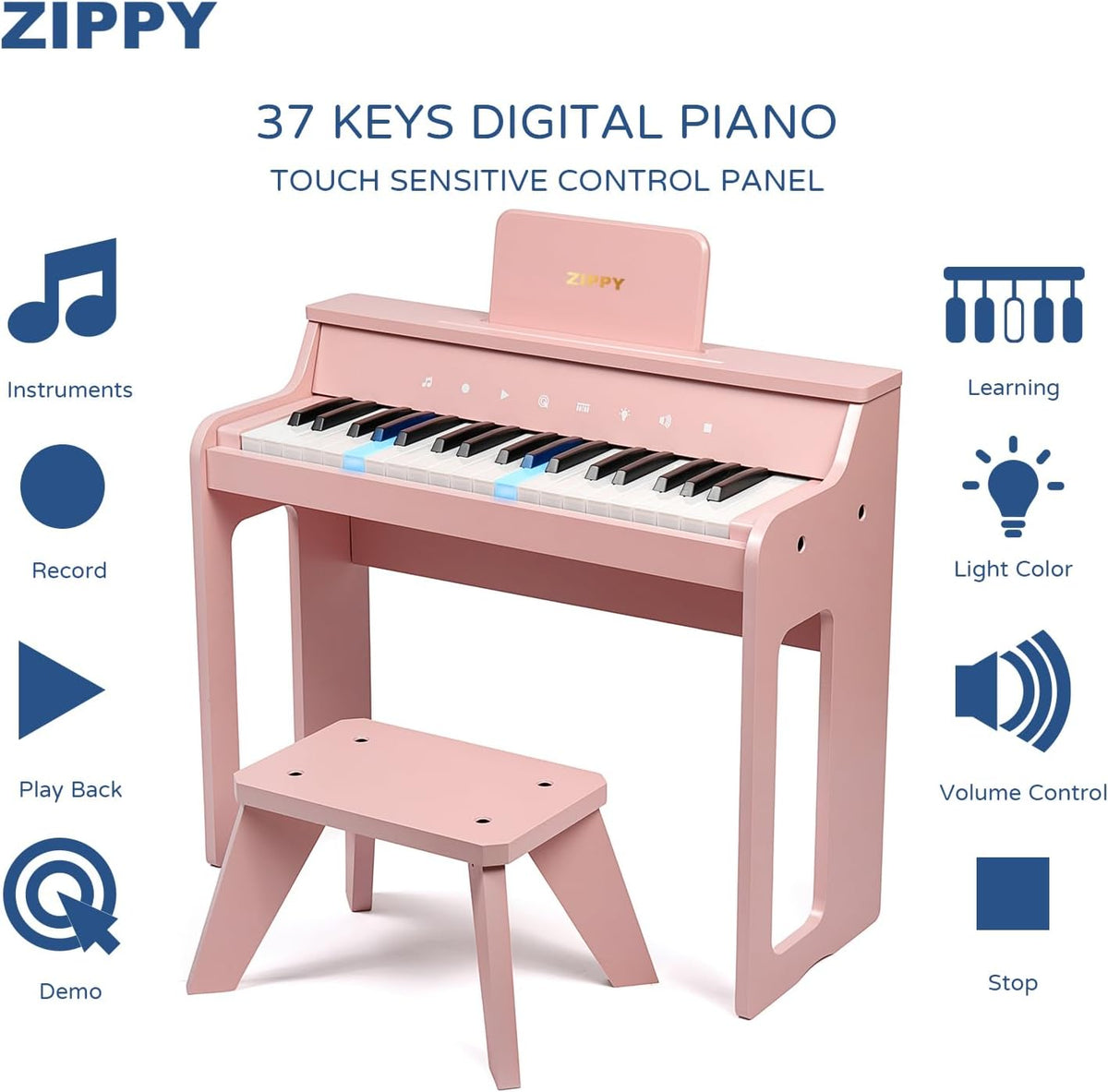 ZIPPY Piano infantil iluminado de 37 teclas con panel de control táctil
