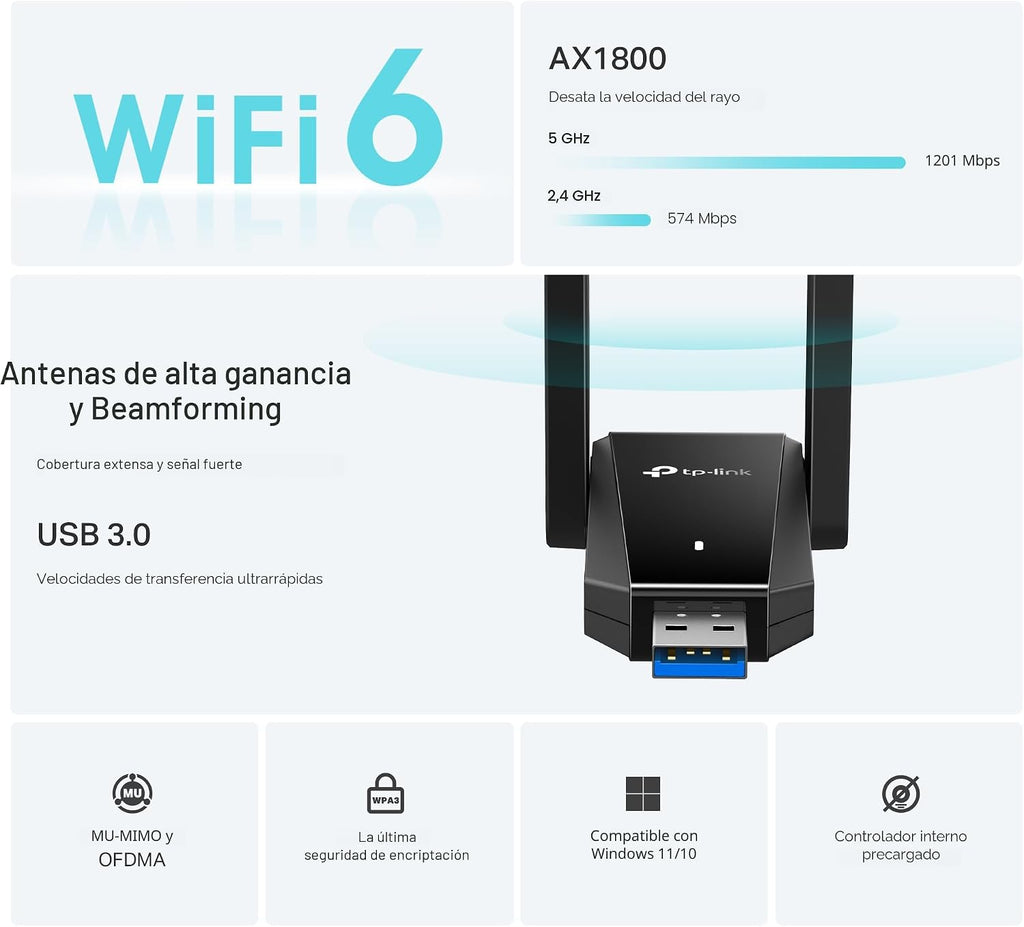 TP-Link Adaptador USB WiFi 6 para PC-1800 Mbps, antenas de alta ganancia