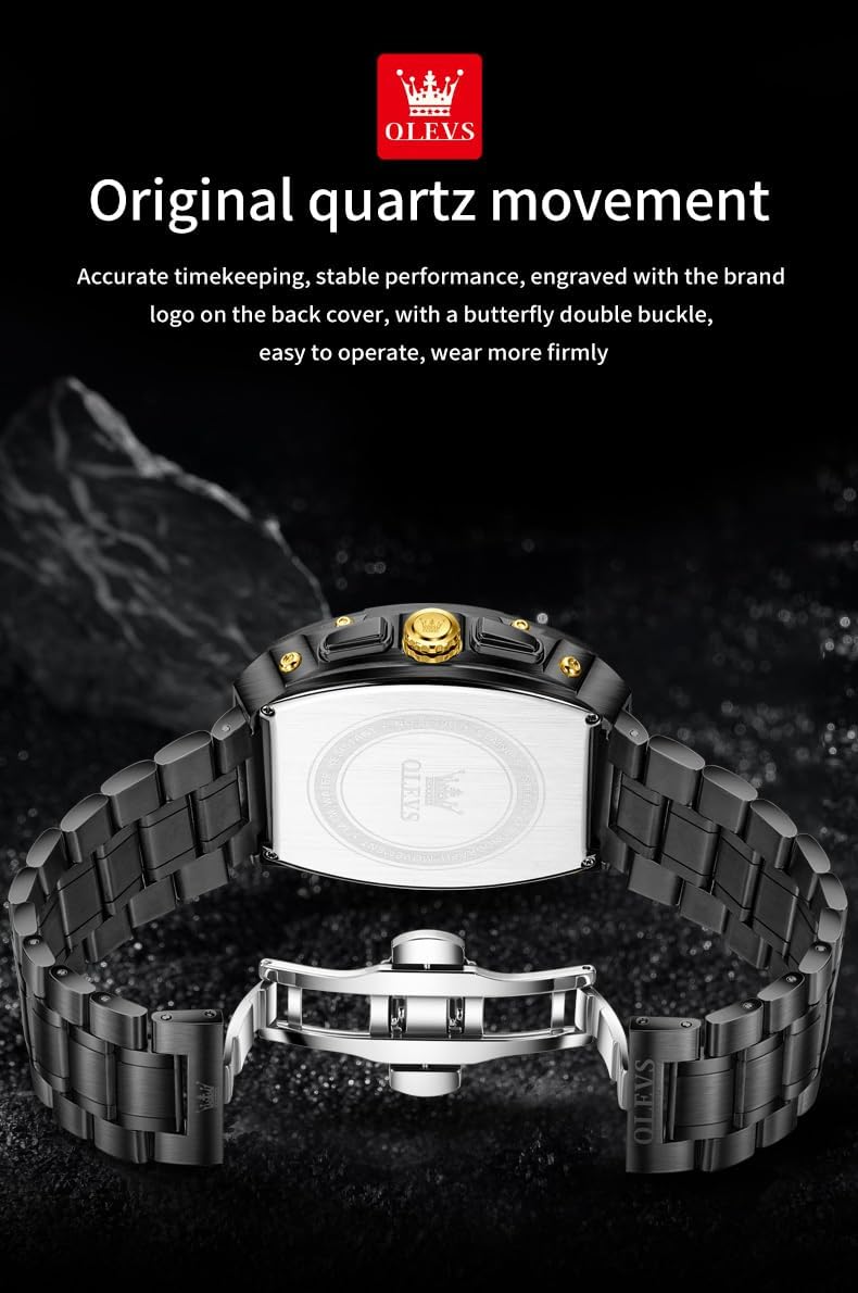OLEVS Reloj para Hombres Analógico Cuarzo Lujo Diamante Resistente al Agua Cronógrafo Acero Inoxidable Carita Grande Cuadrado Fecha Fase Lunar Romano Relojes de Vestir para Hombres