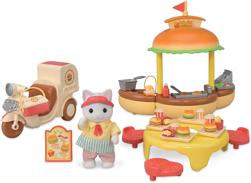 Sylvanian Families - Soporte para hamburguesas - Juego de 20 accesorios y 1 figura - Sumérgete en el mundo imaginario de la familia Sylvanian - Casas de muñecas y juguetes para niños de 3 años en