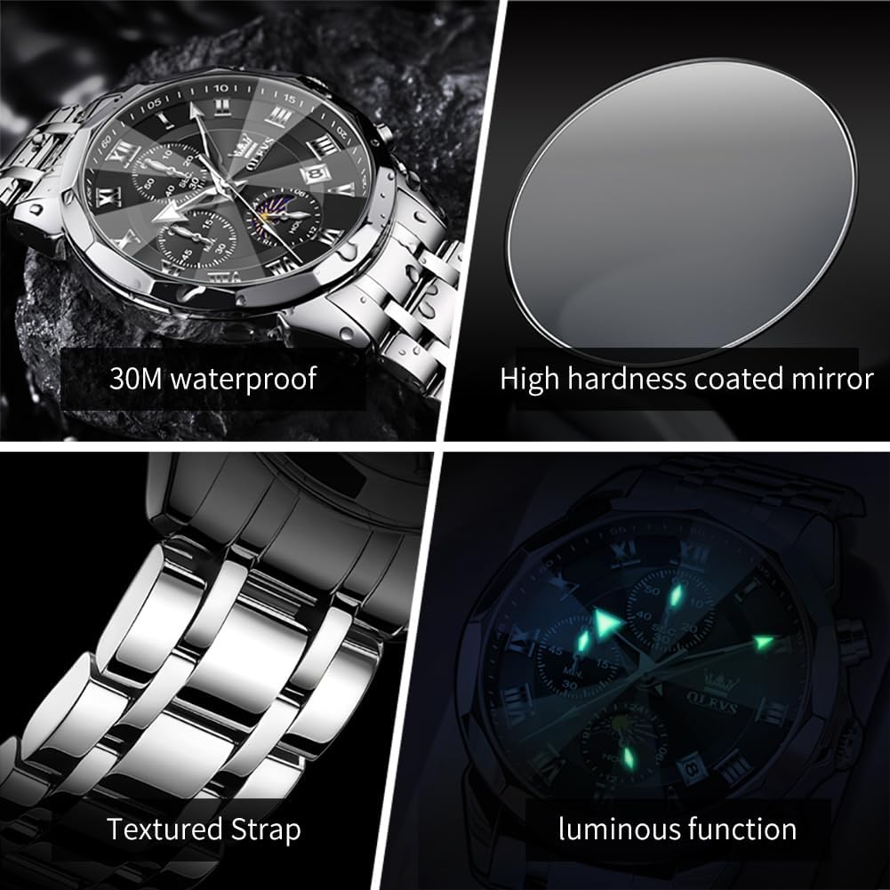 OLEVS Reloj para hombres, cuarzo, acero inoxidable, vestir, impermeable, luminoso