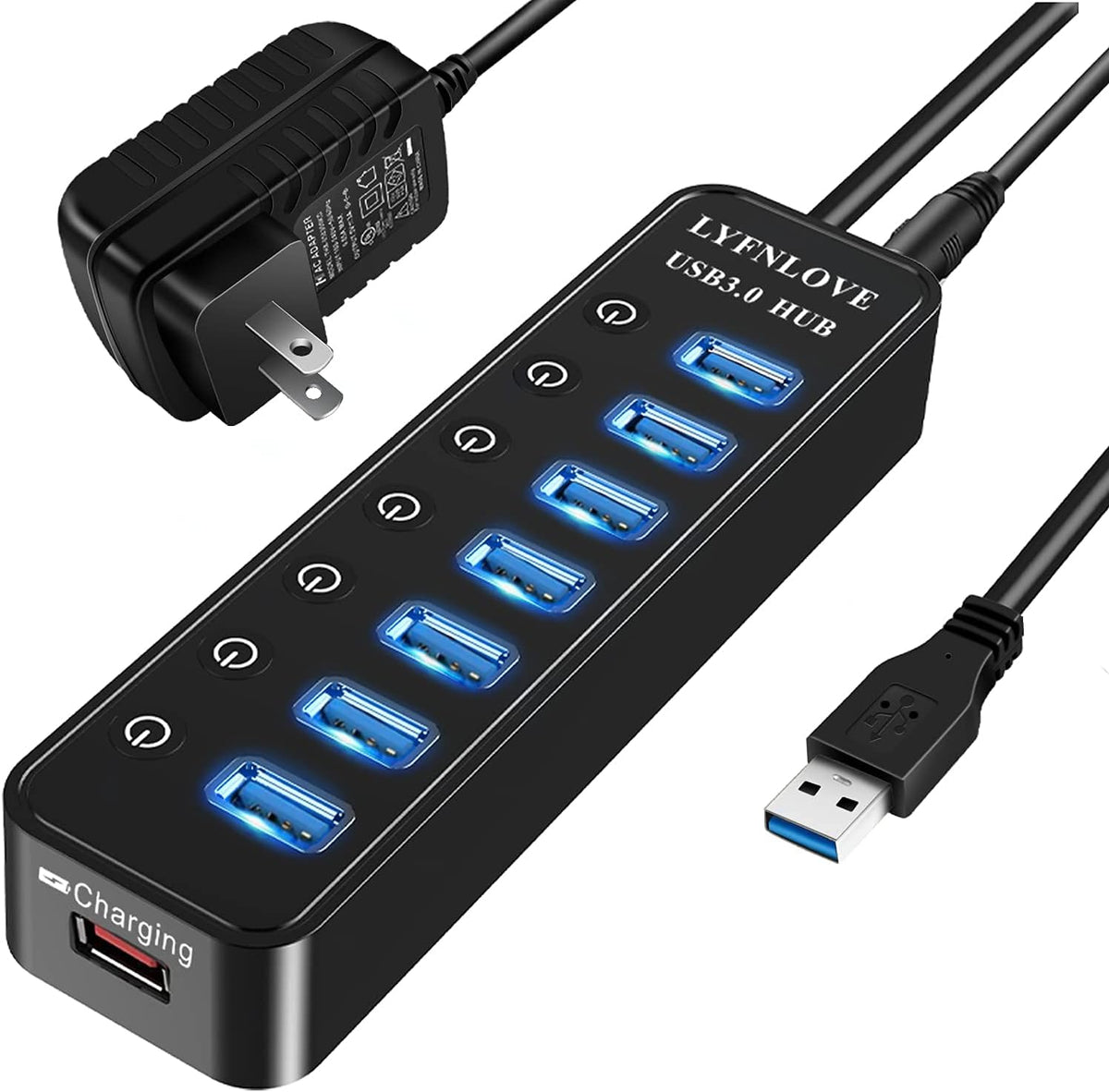 LYFNLOVE, HUB002, hub USB 3.0, alimentado, con puerto de carga inteligente, adaptador 5V/4A