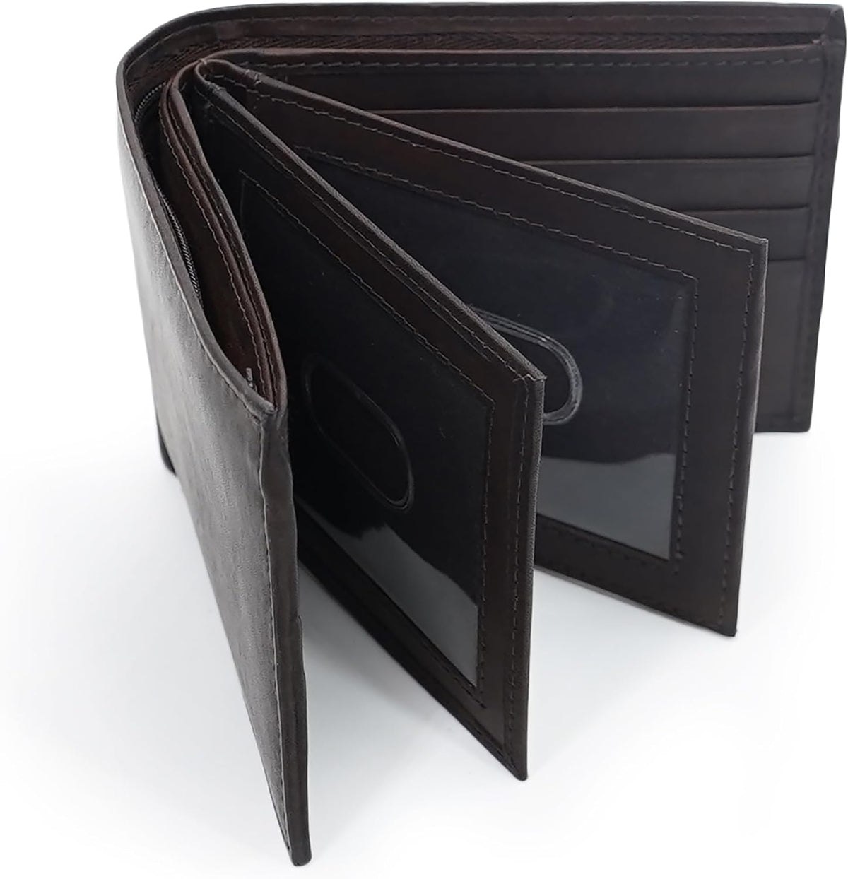Billetera de cuero plegable para hombre con 3 ventanas para identificación