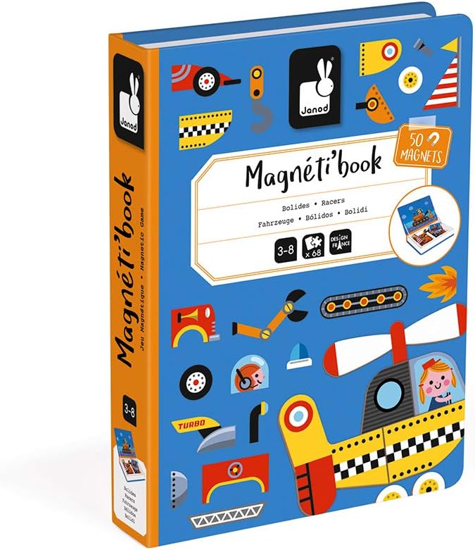 Janod MagnetiBook - Juego de 69 piezas de vehículos magnéticos de corredores - A partir de 3 años - Construyendo estructuras creativas - Mejora las habilidades de creatividad - Incluye 50 imanes y 18