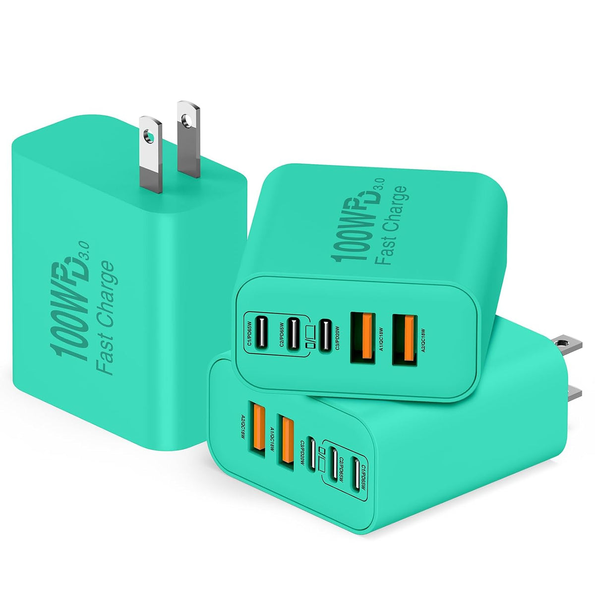 QZIIW Bloque de cargador rápido de pared USB C, bloque de carga rápida de 100 W, 5 puertos tipo C, paquete de 3 adaptadores de cargador de alimentación PD QC 3.0 USB multipuerto para iPhone 17 16