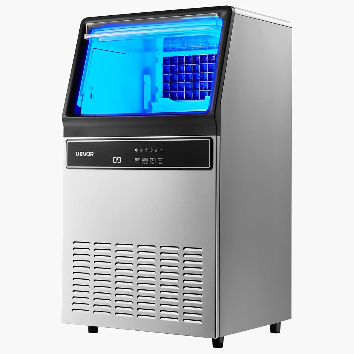 VEVOR Máquina comercial para hacer hielo, producción de hielo de 120 libras/24 horas, contenedor de almacenamiento de 19 a 33 libras, 45 cubos por ciclo, acero inoxidable debajo del mostrador y