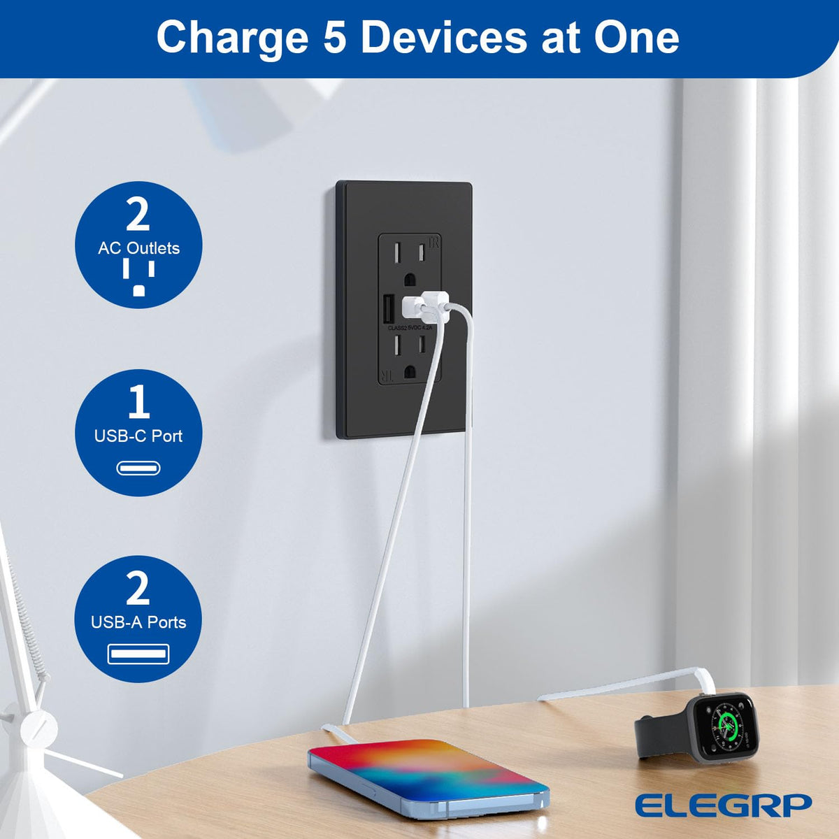 ELEGRP Tomacorrientes de pared USB, 3 puertos tipo C, tomacorrientes de pared negro mate de 15 amperios con 3 puertos, tomas TR resistentes a manipulaciones, placa de pared sin tornillos incluida, certificación UL y CUL, paquete de 2