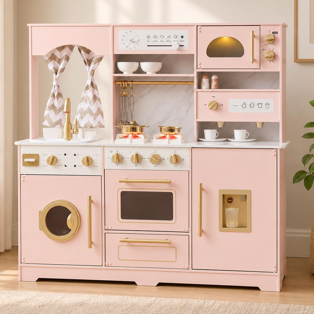 Cocina de juego de madera rosa con luz y sonido, fregadero de juguetes y dispensador de agua con agua real, juego de cocina grande para niñas con lavadora, regalos premium para niños de más de 3 años