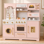 Cocina de juego de madera rosa con luz y sonido, fregadero de juguetes y dispensador de agua con agua real, juego de cocina grande para niñas con lavadora, regalos premium para niños de más de 3 años