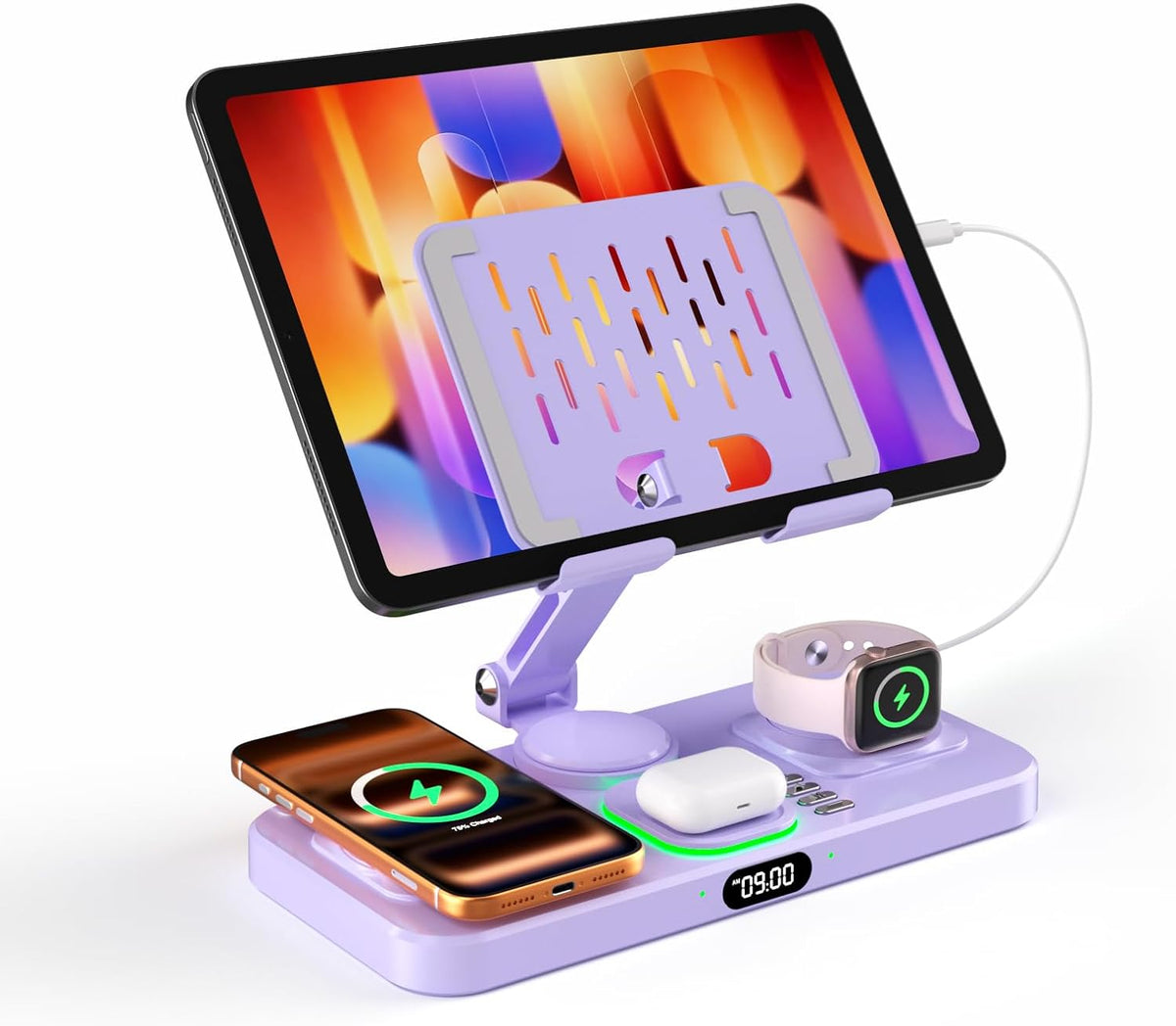 Estación de carga magnética para múltiples dispositivos Apple, cargador inalámbrico con reloj y luz, soporte de carga plegable con cable para iPad/Tab, cargador seguro para iPhone 17, para Apple Watch