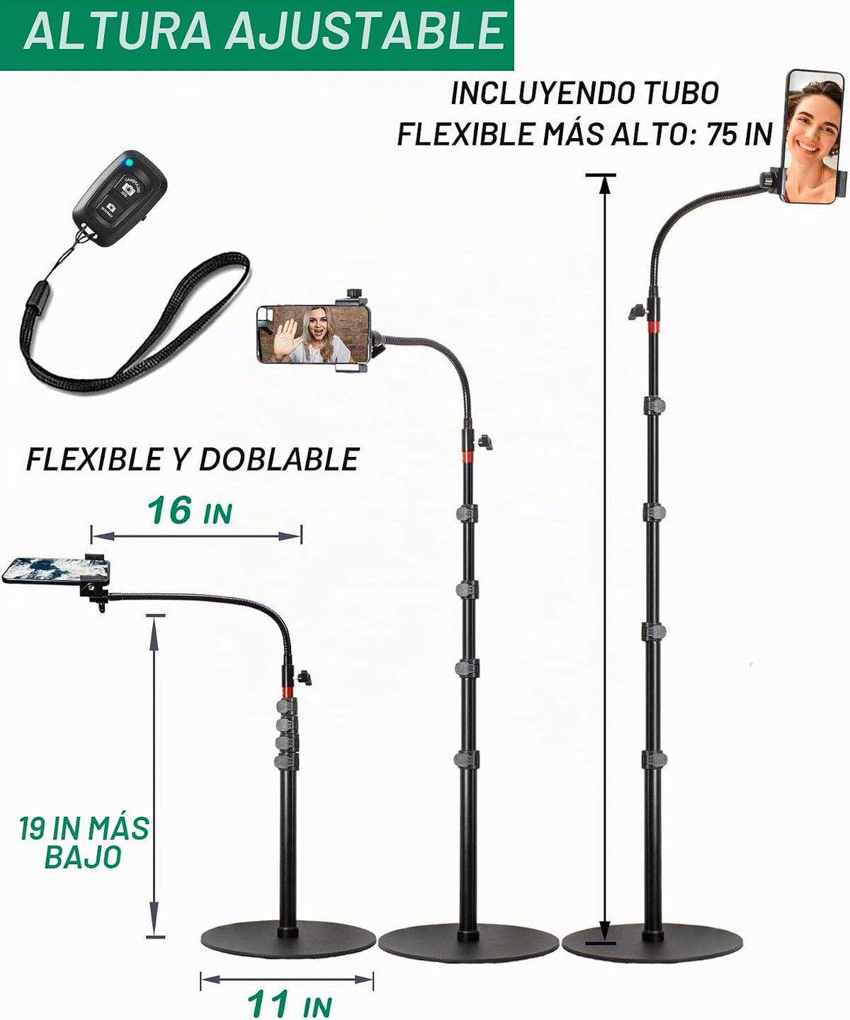 Soporte alto para teléfono celular con soporte ajustable en altura, base pesada, cabeza 360, compatible con iPhone 16, 16 Pro Max, 16 Plus, 15, 14, 13
