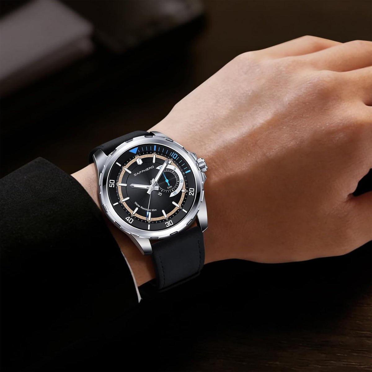 SAPPHERO Reloj para hombre con subesfera de fecha/esfera de números arábigos, cuarzo analógico, correa de acero inoxidable/piel, 164 ft impermeable, reloj de pulsera de vestir casual para trabajo de