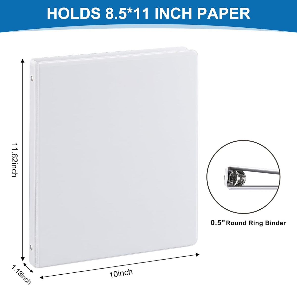 Carpeta duradera de 3 anillos de 1/2 pulgada, carpeta de anillos redondos de 0.5 pulgadas con 2 bolsillos interiores, paquete de 12 carpetas blancas, carpeta transparente con capacidad para papel de 8.5 x 11 pulgadas para oficina, hogar, regreso a clases