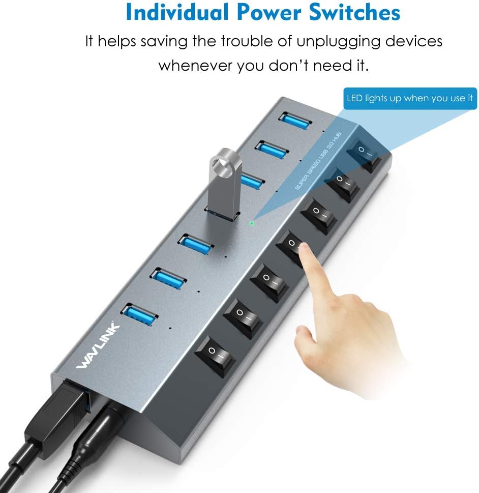 WAVLINK, UH3076-1, hub USB 3.0 de 7 puertos, alimentado, adaptador 5V/2.4A