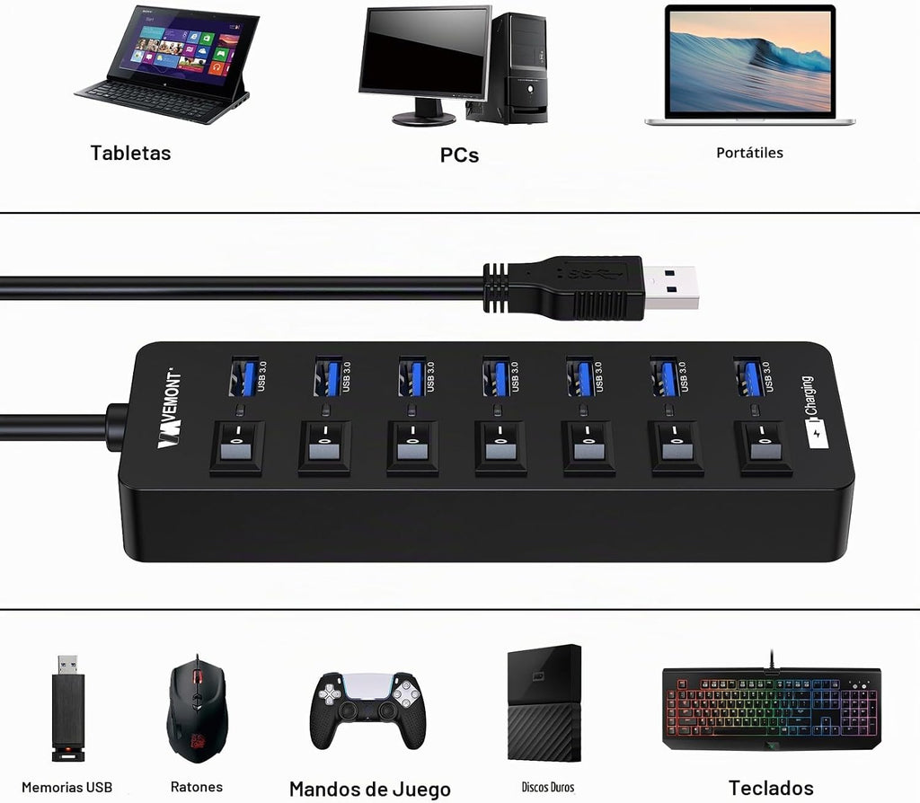 VEMONT, USB-3030, hub USB 3.0 de 7 puertos, alimentado, con puerto de carga inteligente, adaptador 5V/3A