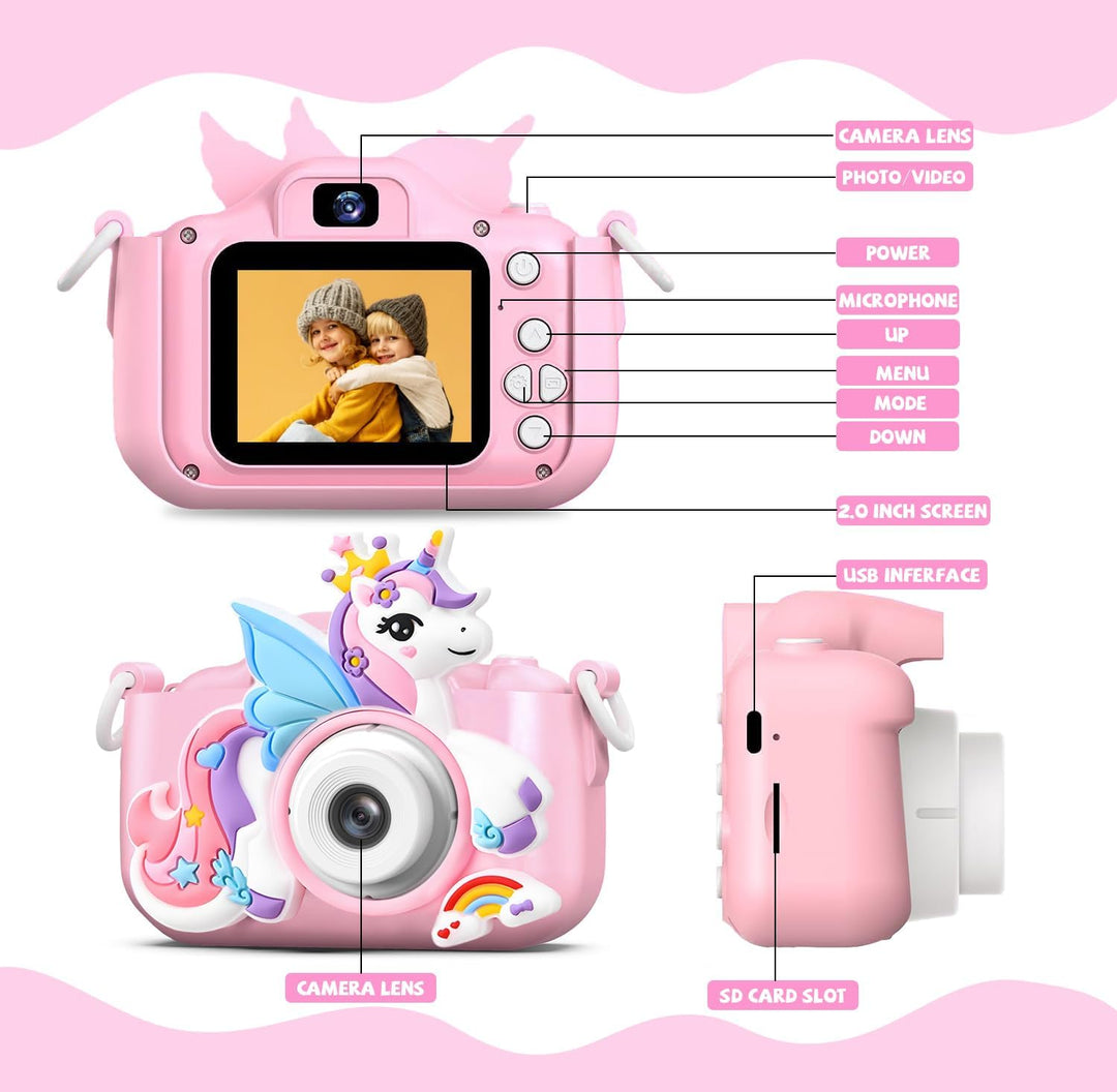 Unicornio - Cámara de juguete para niñas de 3 a 8 años, HD 1080P, c...
