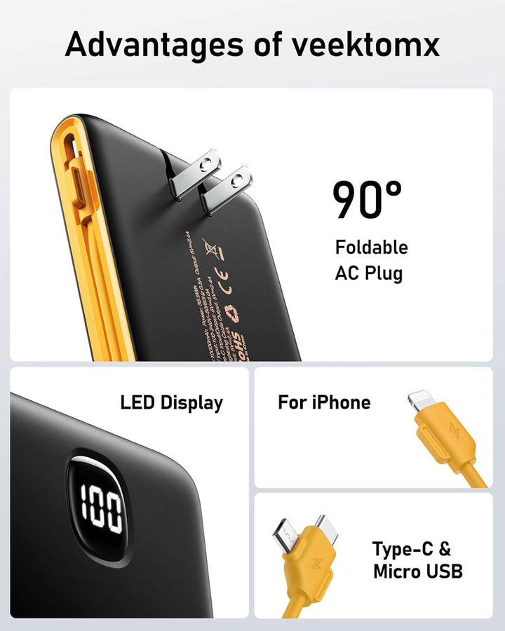 VEEKTOMX Cargador portátil con cables integrados de 10000 mAh, banc...