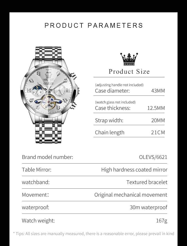 Reloj OLEVS Skeleton para Hombre Automático de Negocios Lujo con Diamante, Reloj Automático de Carga, Reloj de Pulsera con Calendario de Acero Inoxidable