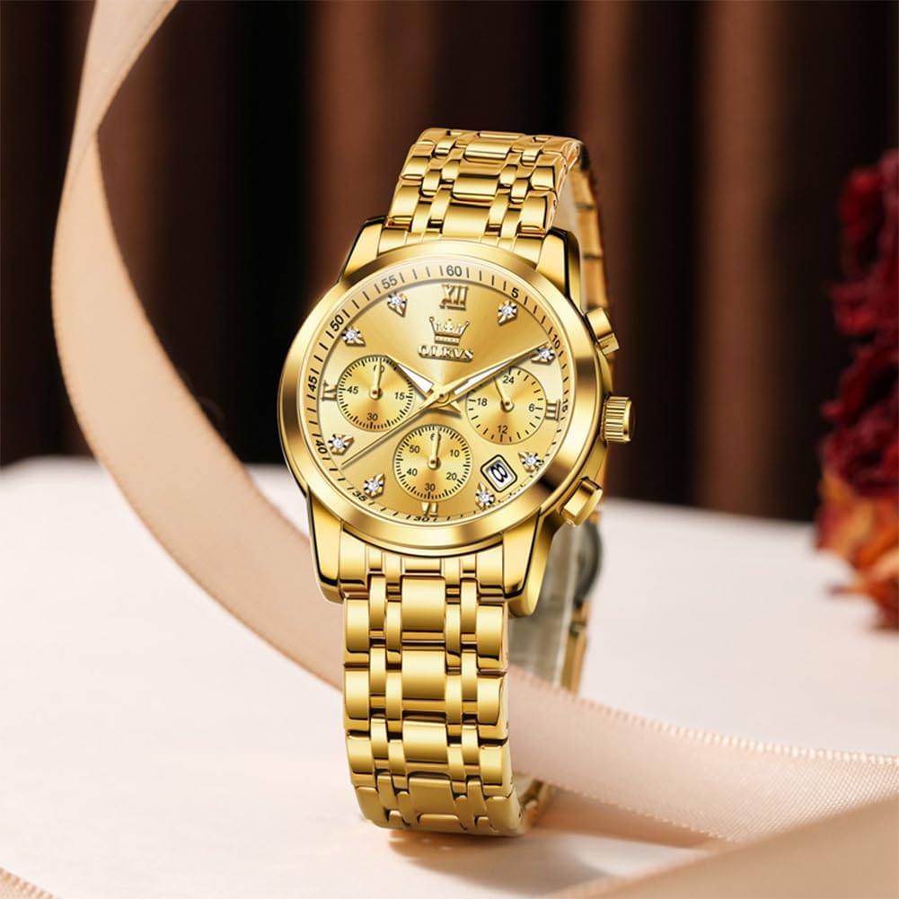 OLEVS Relojes para mujeres de negocios, con diamante, pulsera de acero inoxidable, fecha, impermeable, tono bicolor para mujer