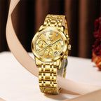 OLEVS Relojes para mujeres de negocios, con diamante, pulsera de acero inoxidable, fecha, impermeable, tono bicolor para mujer