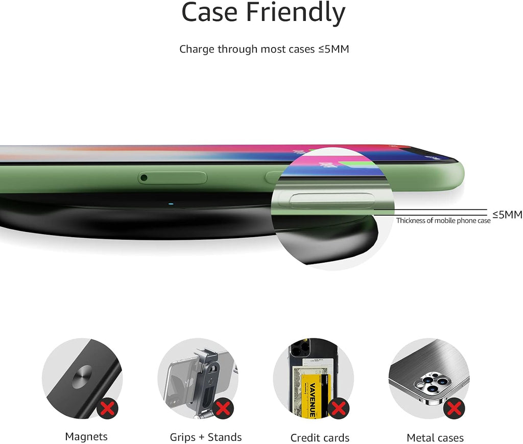 Amazon Basics Cargador inalámbrico, almohadilla de carga inalámbrica con certificación Qi de 15 W con cable USB, compatible con iPhone 15/14/13/12/11/X, Samsung y LG, compatible con funda, negro