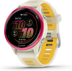 Garmin® Forerunner® 570, 42mm, Reloj inteligente avanzado GPS para correr y triatlón, pantalla AMOLED, funciones de entrenamiento y recuperación, aluminio frambuesa con banda translúcida hueso/mango