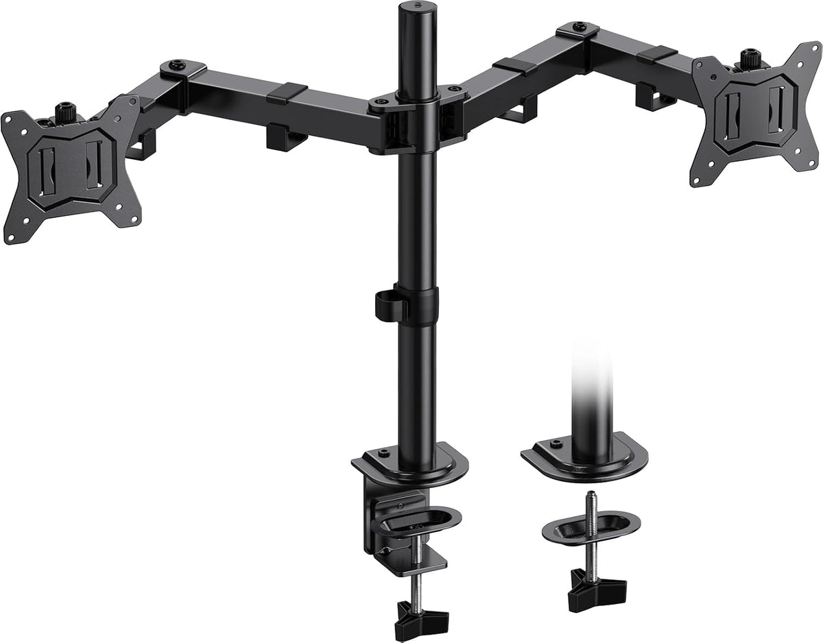HUANUO Soporte de monitor doble para 2 monitores de hasta 32 pulgadas, soporte de monitor doble resistente con capacidad para hasta 17.6 libras, brazo de monitor doble con inclinación ajustable de