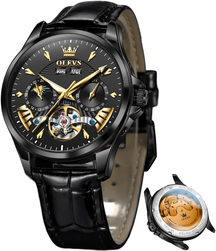 OLEVS - Relojes automáticos para hombre, multicalendario, con fase lunar, 3ATM impermeable, reloj de lujo clásico para negocios, de pulsera