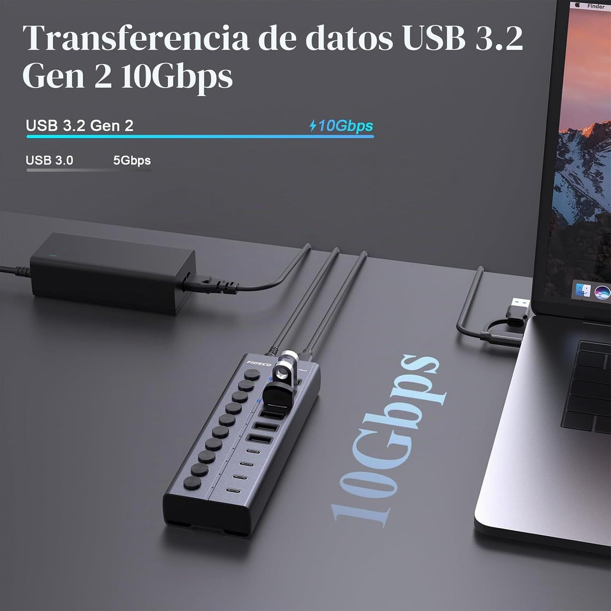 FIDECO, HCA64, hub USB 3.2 de 10 puertos, alimentado