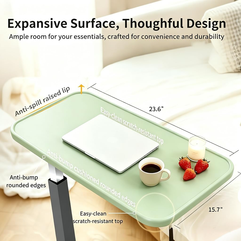 Mesa ajustable sobre cama con ruedas, color verde claro
