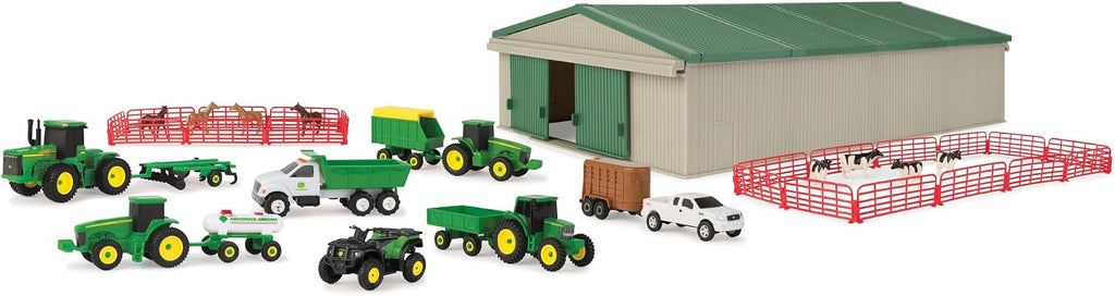TOMY John Deere - Juego de juguetes de granja fundidos a presión, escala 1:64, incluye animales de granja, cobertizo de máquina, tractores de juguete, camiones de juguete y herramientas de granja