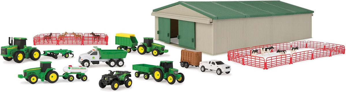 TOMY John Deere - Juego de juguetes de granja fundidos a presión, escala 1:64, incluye animales de granja, cobertizo de máquina, tractores de juguete, camiones de juguete y herramientas de granja