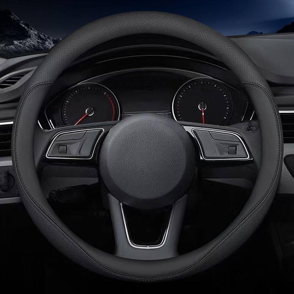Carodi Última cubierta de cuero de napa para volante de coche, elegante antideslizante cuero interior 15 pulgadas universal (negro)