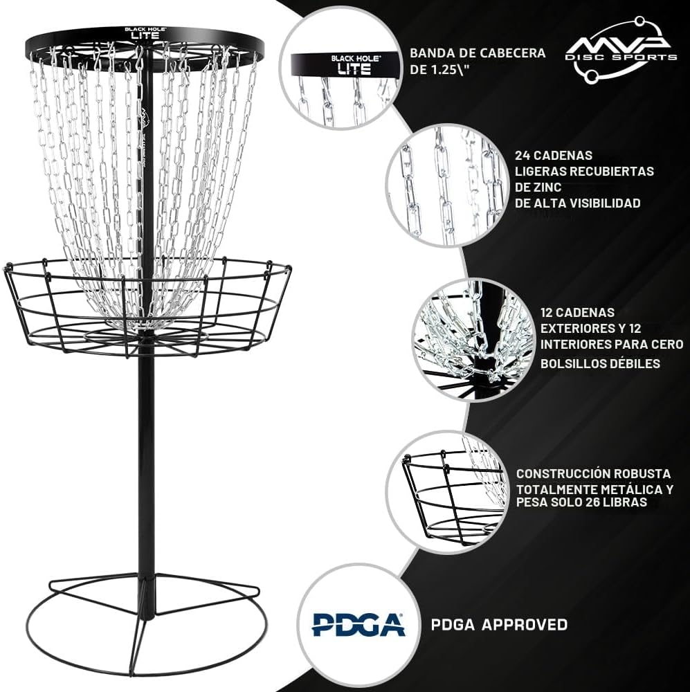 MVP Disc Sports Black Hole Lite - Cesta para golf de disco de 24 cadenas con bolsa de transporte