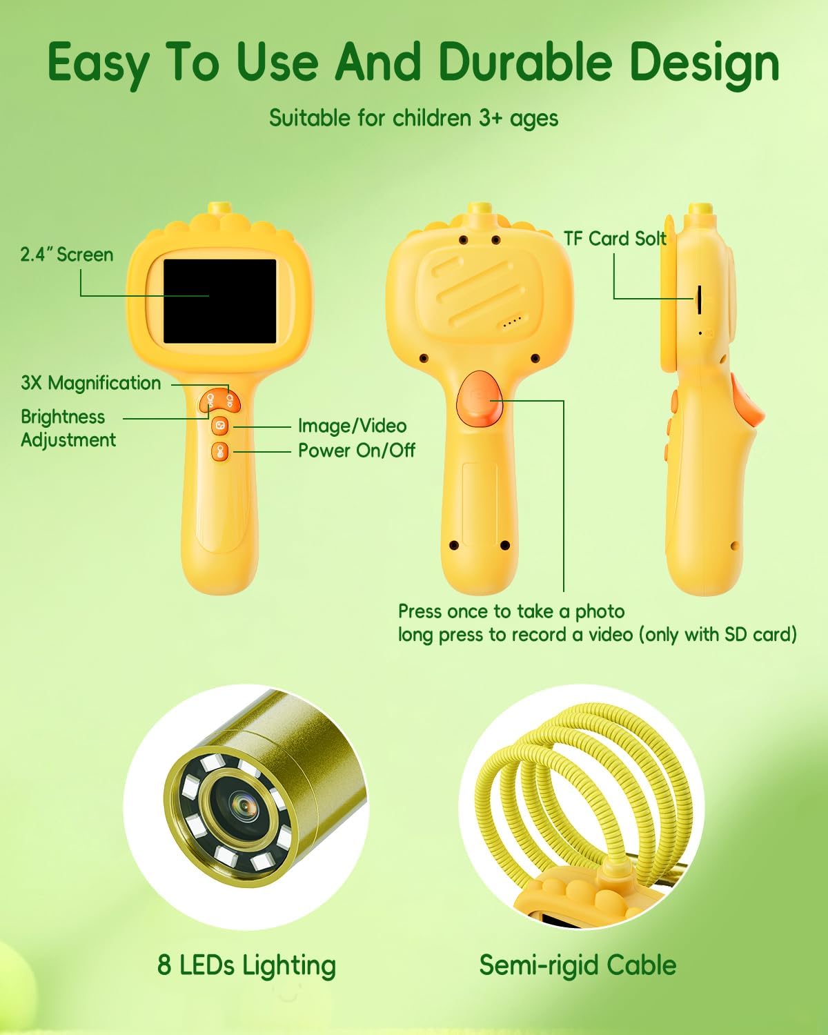 Cámara Boroscopio con Luz para Niños, 2.4" IPS, Naranja León