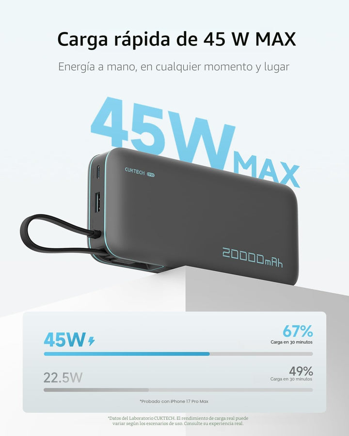 CUKTECH Banco de energía de 45W 20000mAh, cargador de viaje portáti...