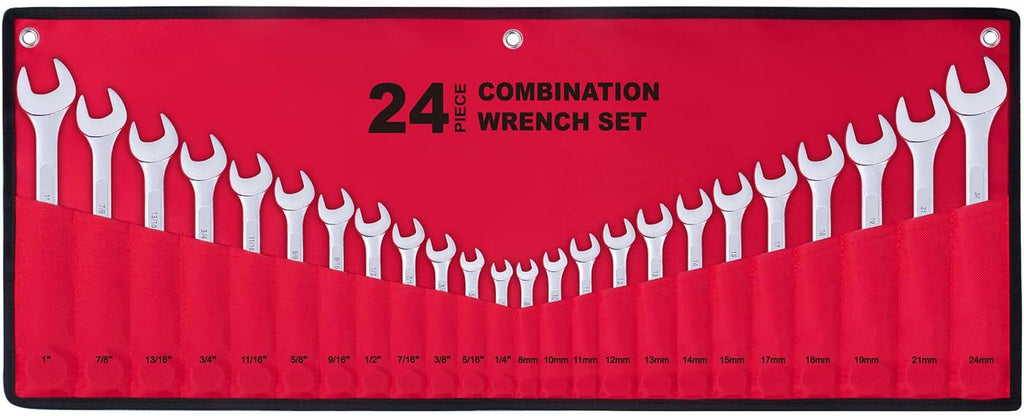 Juego de 24 llaves combinadas de uso general con bolsa enrollable | SAE 1/4" a 1", métrico 8mm a 24mm | Perfecto para uso doméstico general, garaje, reparaciones de automóviles, coche, camión, barco y