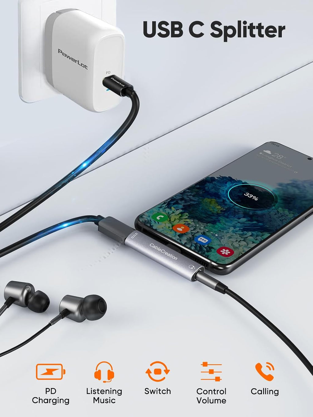 CableCreation USB-C a 3.5 mm Adaptador para auriculares y cargador 2 en 1 Charger