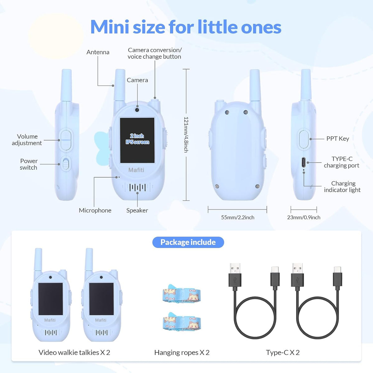 Mafiti Walkie Talkies de video para niños, paquete de 2 juguetes recargables de alcance de 1000 pies para niños de 3, 4, 5, 6, 7, 8 años, regalos de cumpleaños (azul + azul)